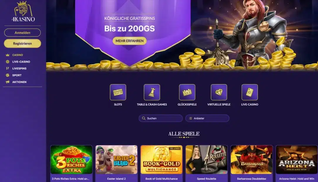 Startseite vom Online Casino 4Kasino