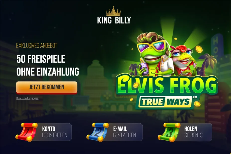 Aktion für 50 Free Spins für den Slot Elvis Frog im Casino King Billy