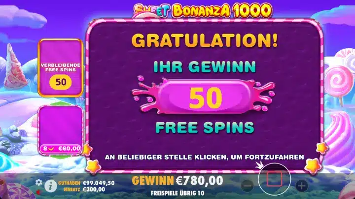 50 Freispiele am Slot Sweet Bonanza
