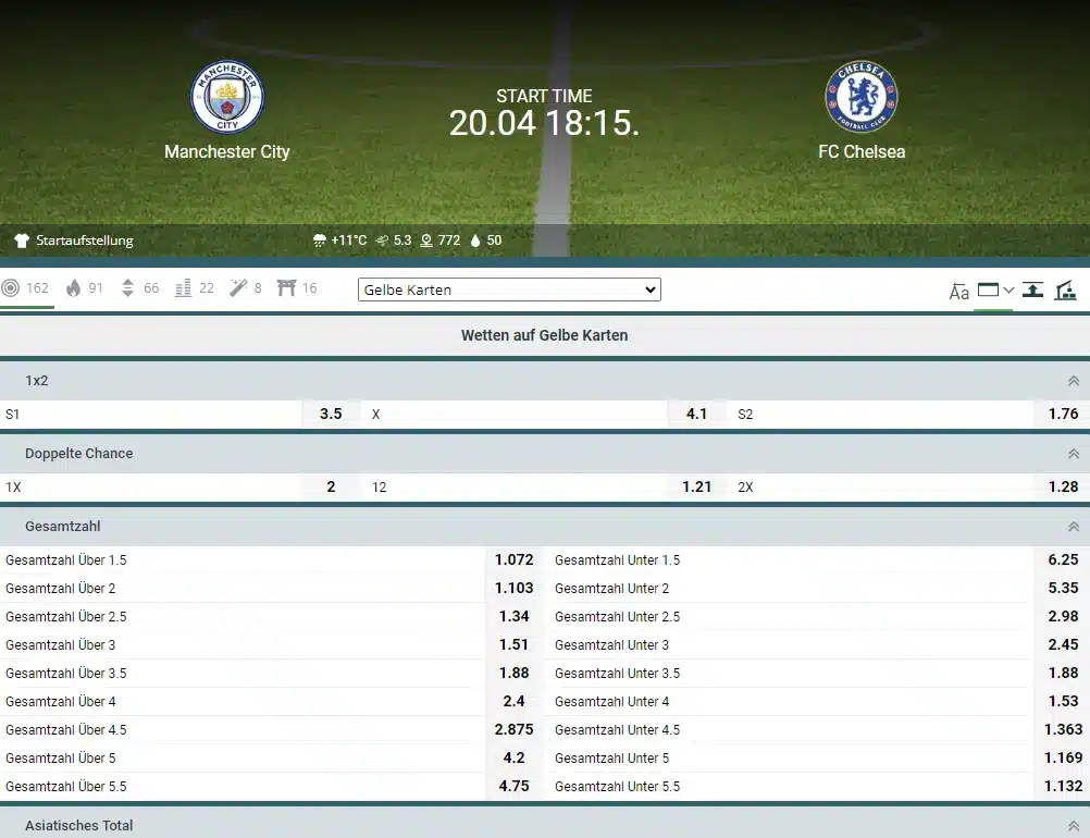 Sportwetten für gelbe Karten bei 22bet