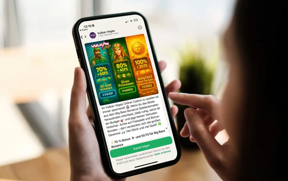 Whats App Kanal vom Vulkan Casino auf einem Handy