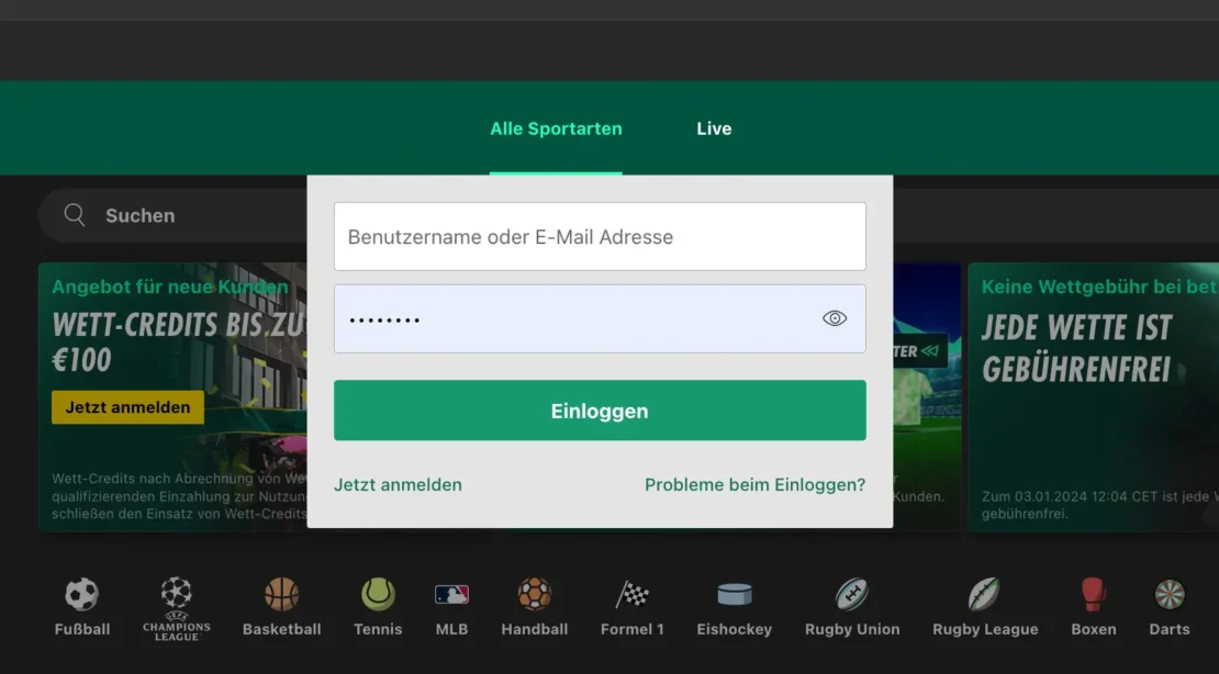 Anmeldefenster von bet365