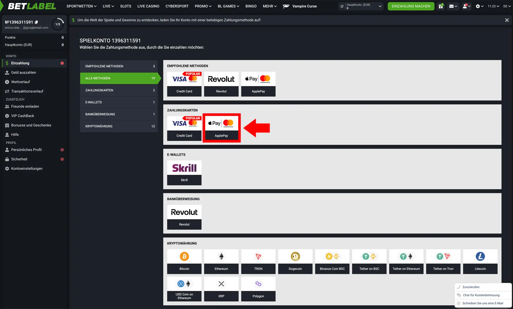 Darstellung der Einzahlung mit Apple Pay beim Wettanbieter Betplay