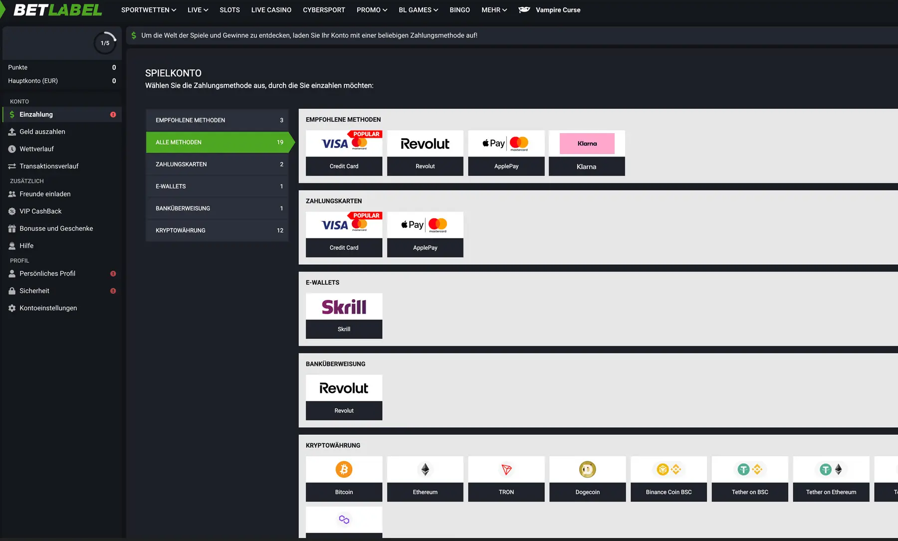 Einzahlung mit Klarna bei Betlabel