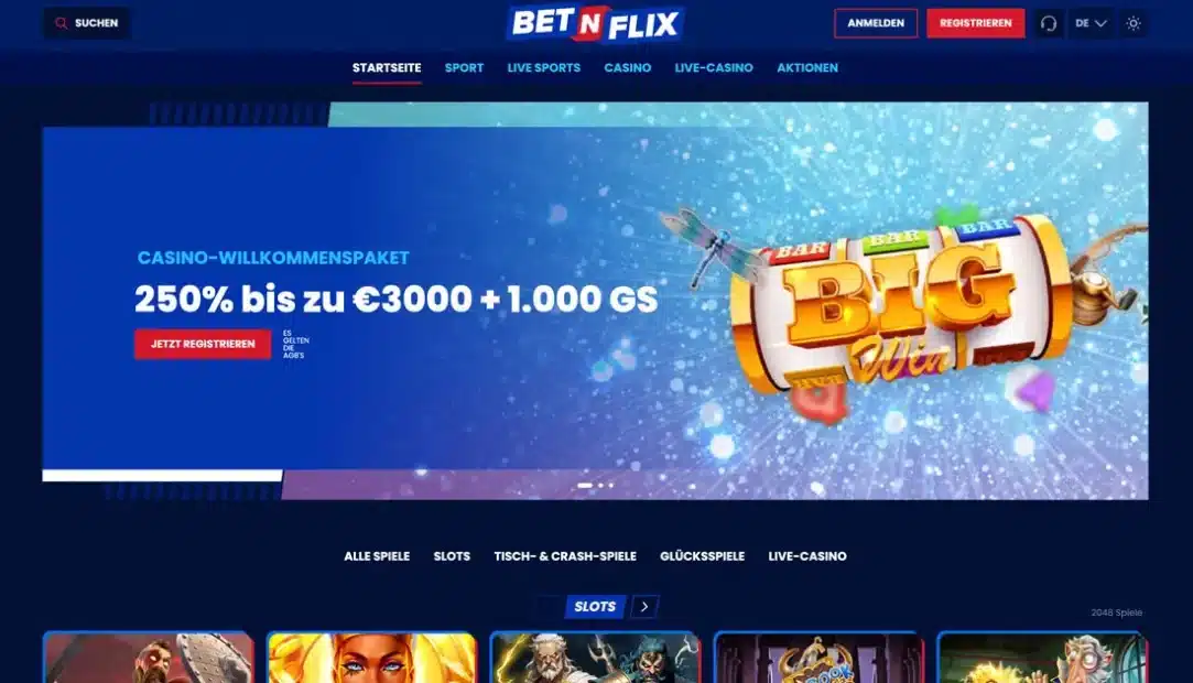Startseite vom Online Casino Bet n Flix