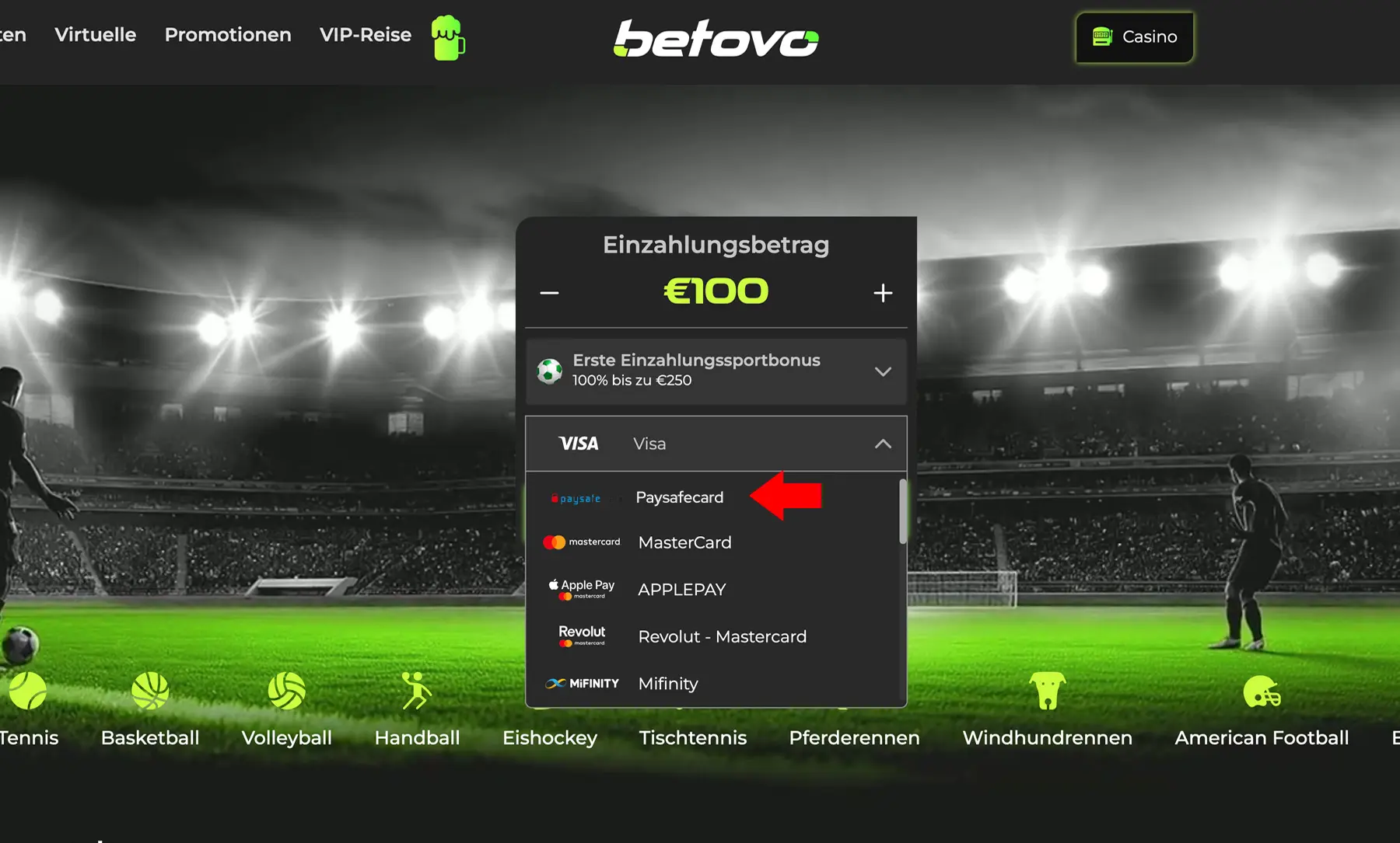 Einzahlungsmethode Paysafecard bei Betovo