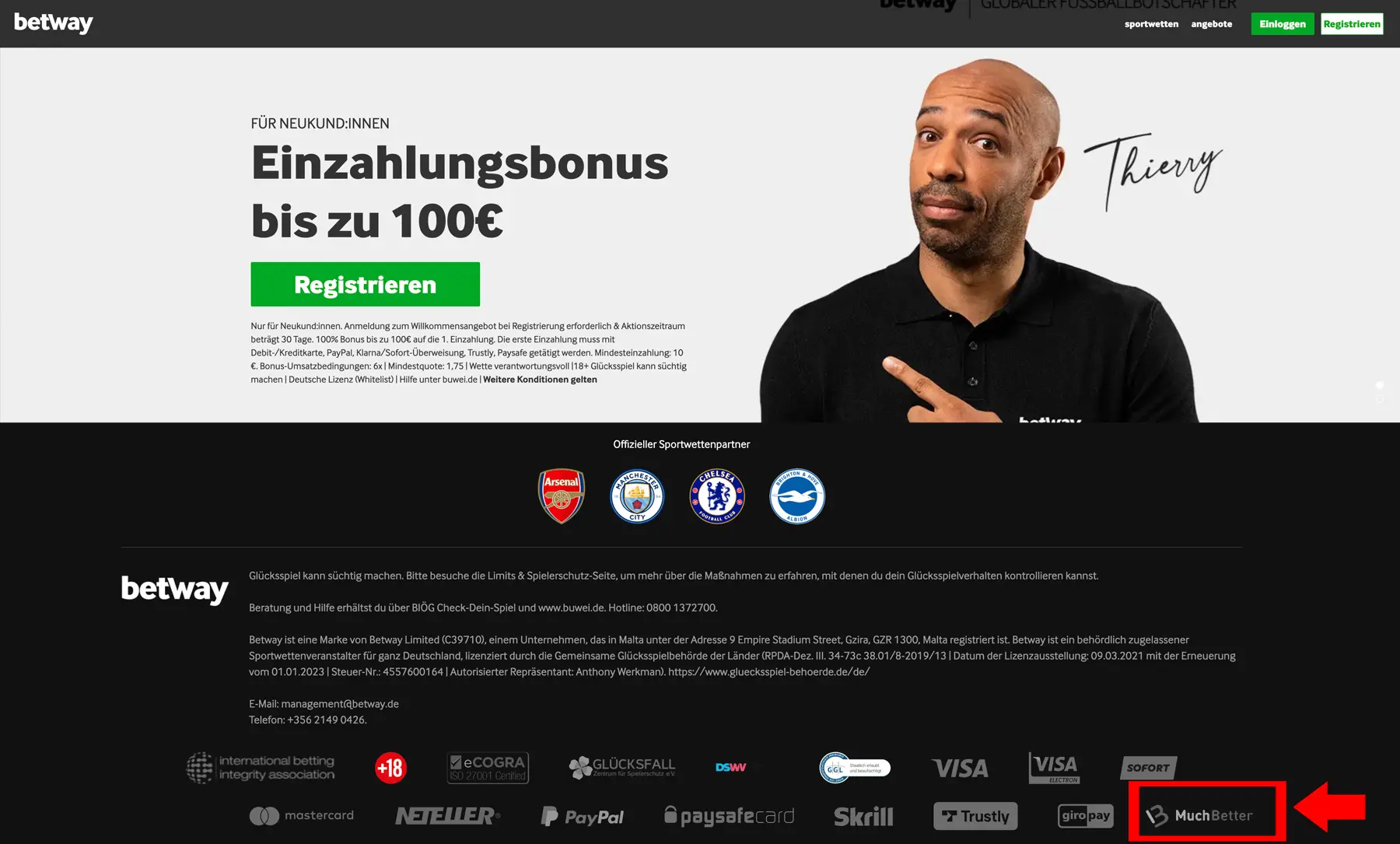 Zahlungsmöglichkeit Muchbetter beim Wettanbieter Betway