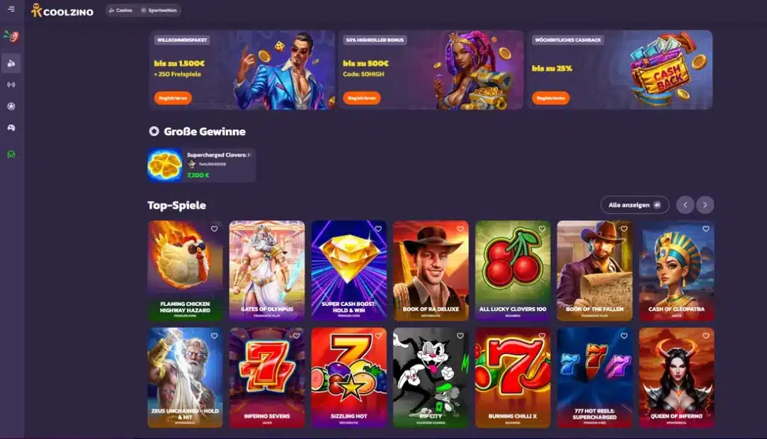 Startseite vom Online Casino Coolzino
