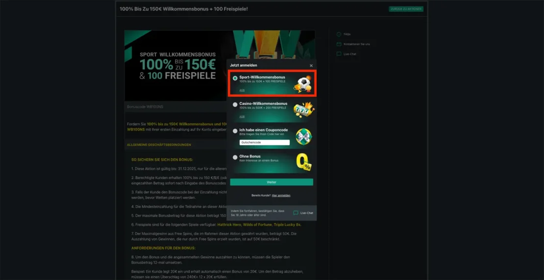 Eingabe des 1bet Bonus Codes