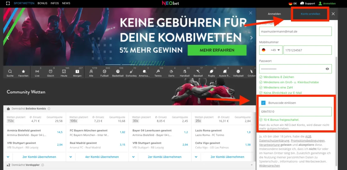 Anleitung zur Eingabe des Bonus Codes von Neobet 