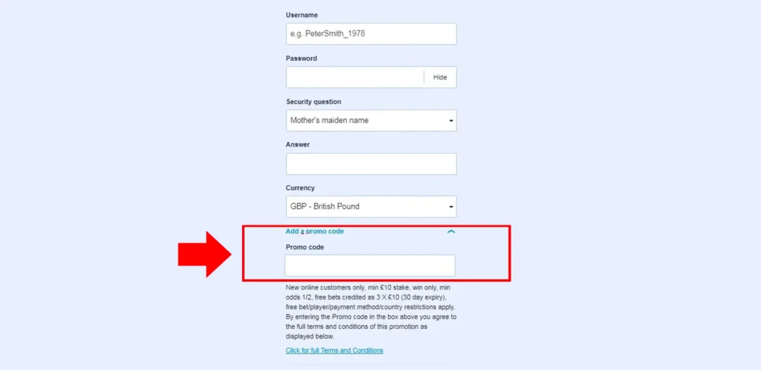 Eingabe des Bonus Codes bei William Hill