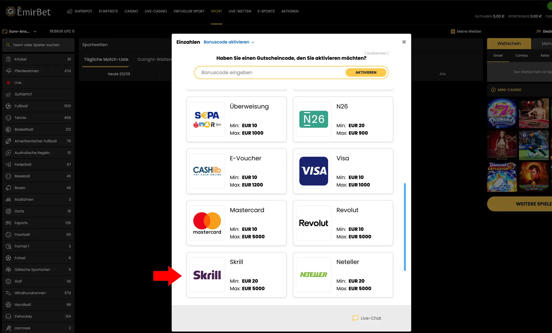 Einzahlung mit Skrill bei Emirbet