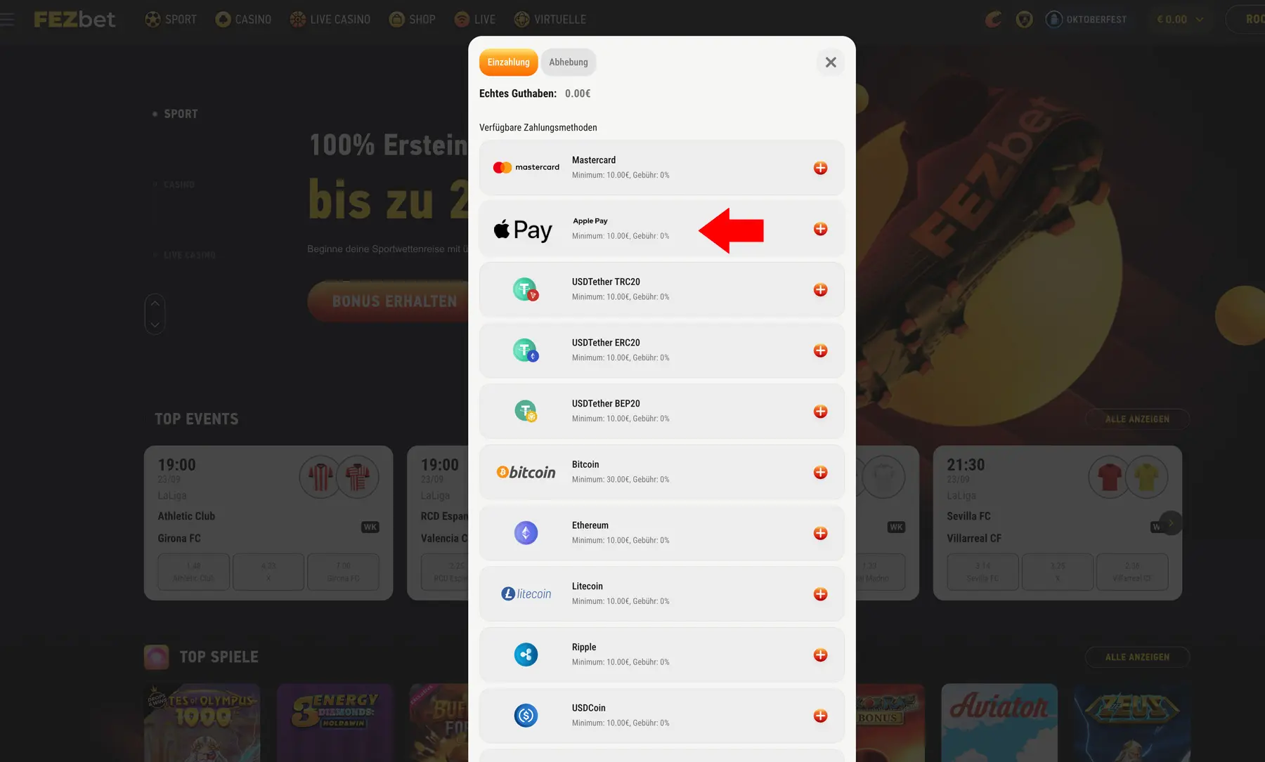 Einzahlung mit Apple Pay beim Wettanbieter Fezbet