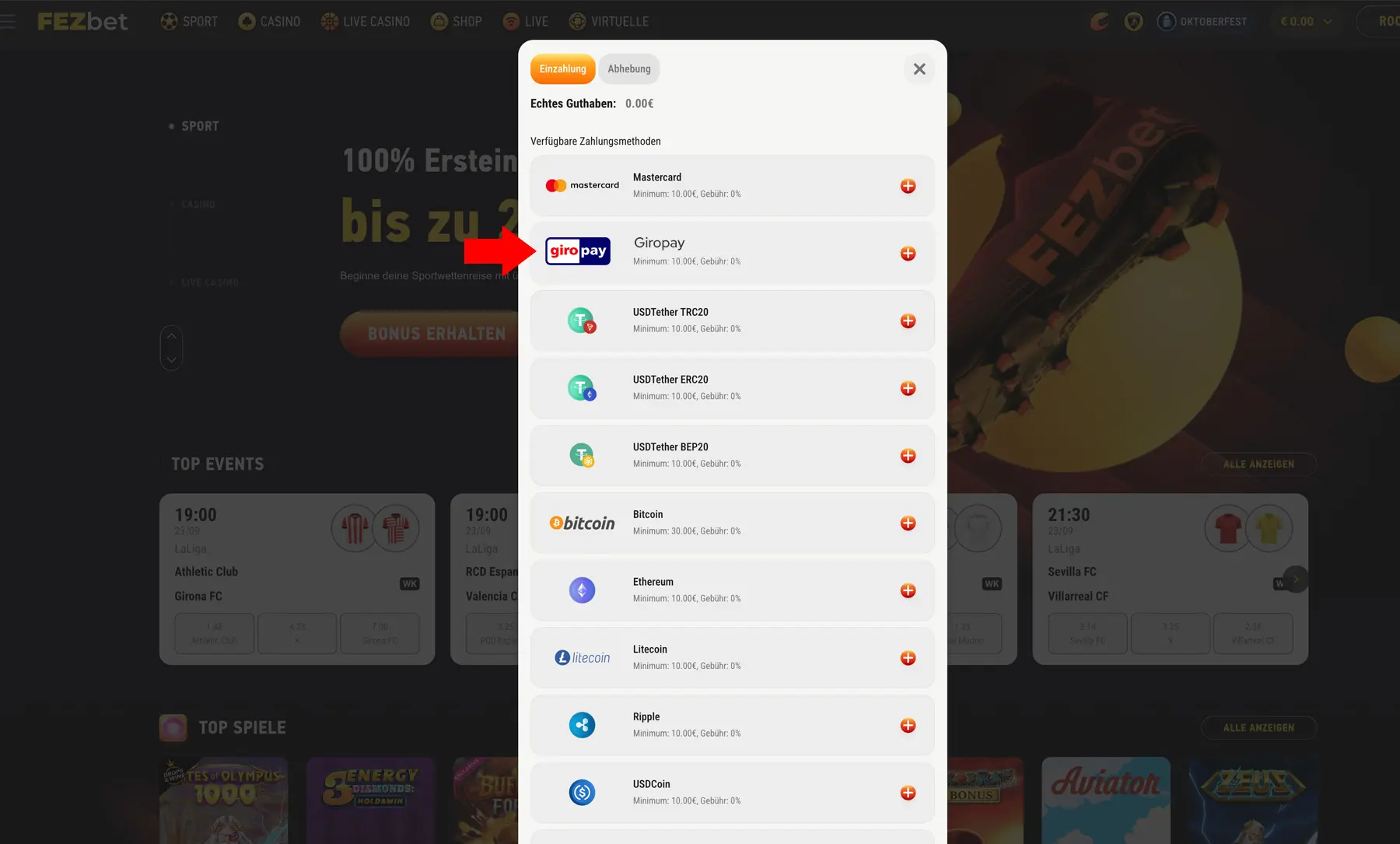 Fezbet mit der Zahlungsoption Giropay