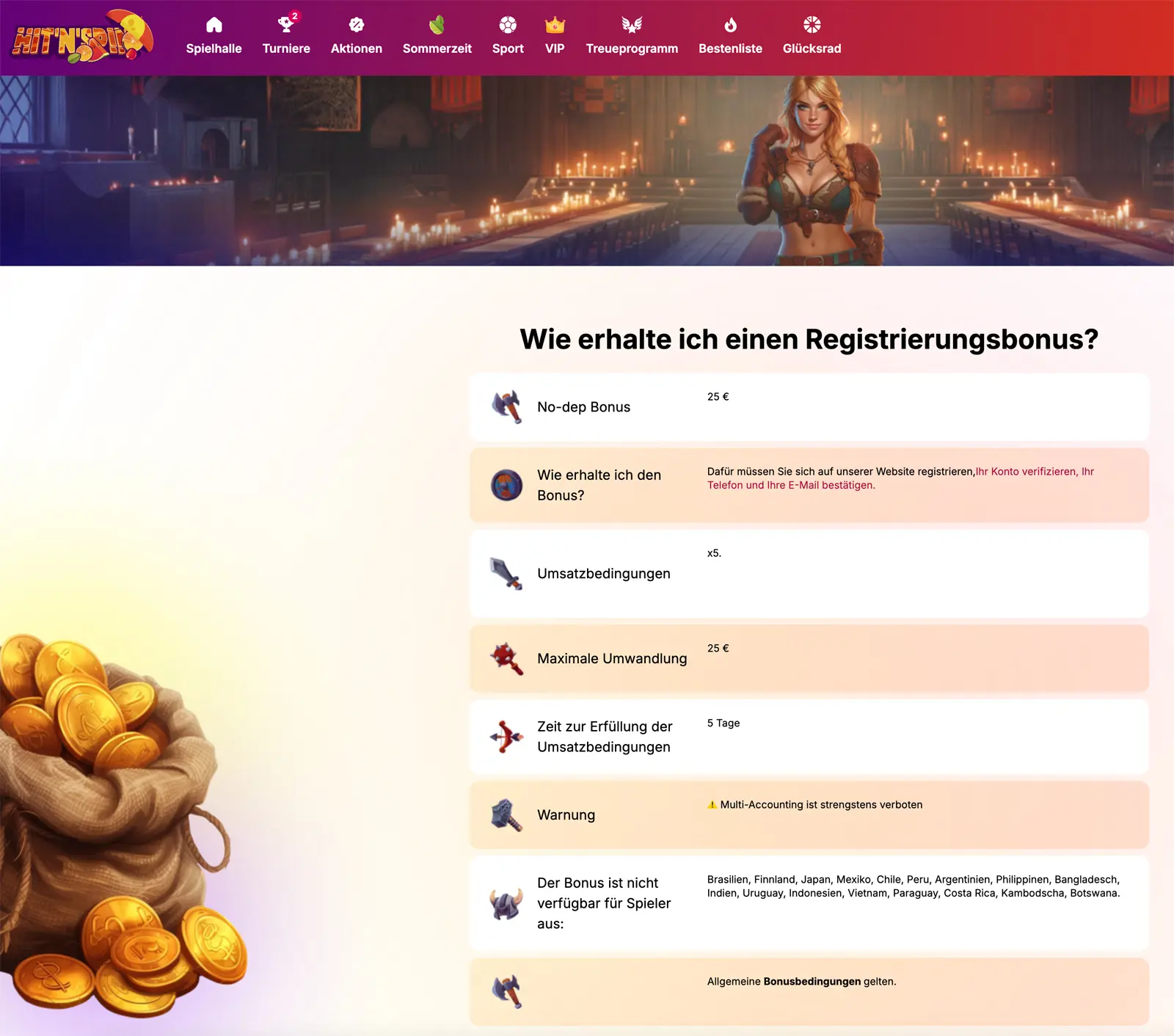 Aktuelle Aktion mit 25 Euro ohne Einzahlung bei Hit n Spin