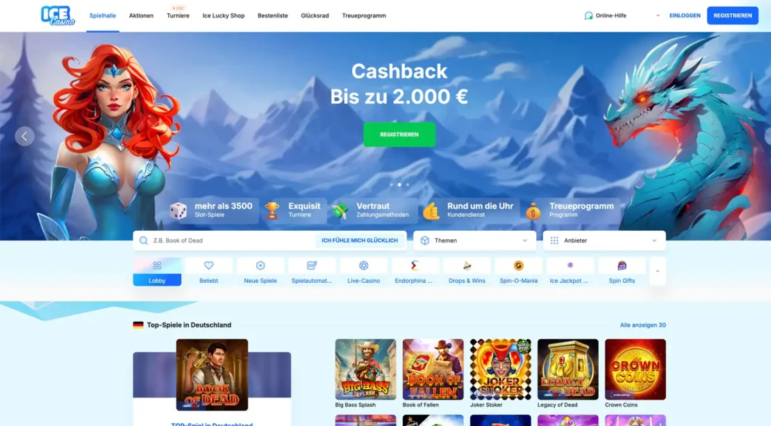 Startseite vom Online Casino ICE
