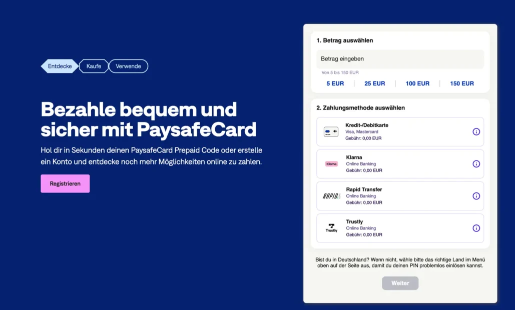 Screenshot von der Website paysafecard.com