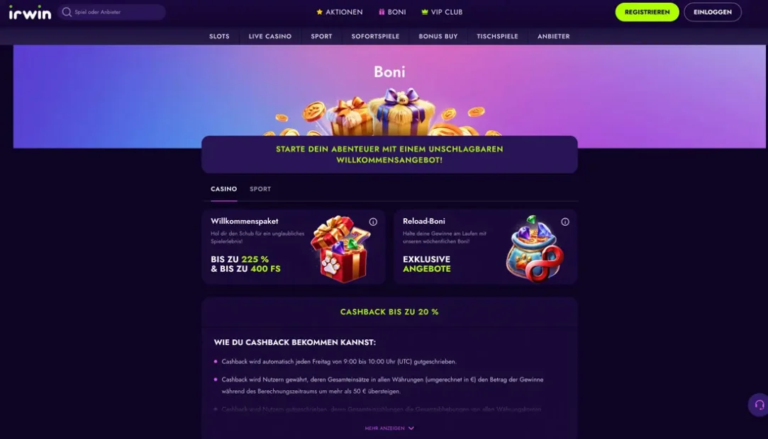 IRWIN Casino Willkommensbonus und Freispiele