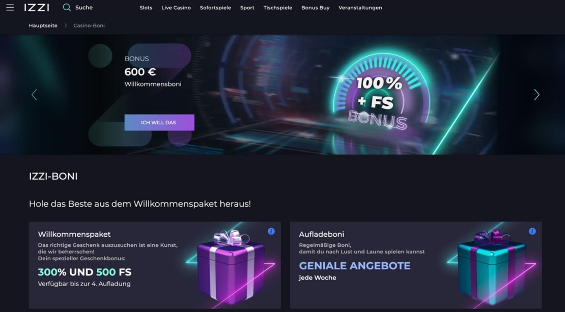 IZZI Casino Willkommensbonus und Freispiel