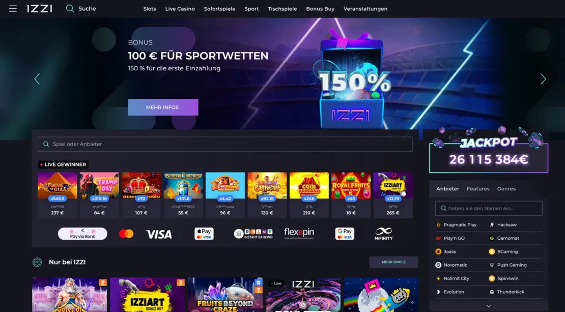 Startseite vom Online Casino IZZI