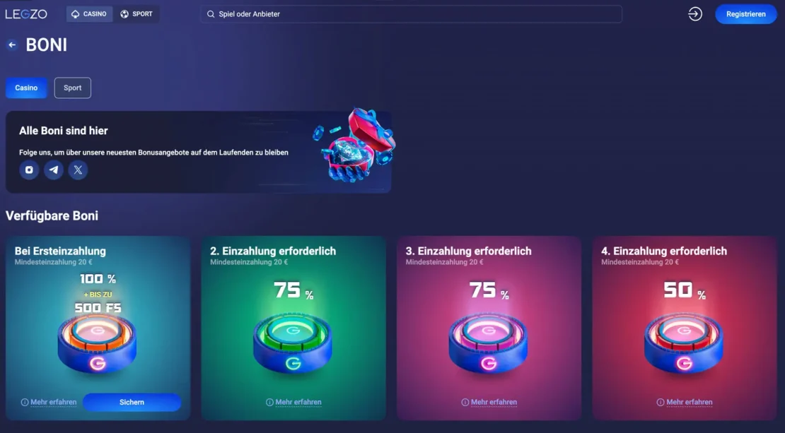 LEGZO Willkommensbonus und Freispiele