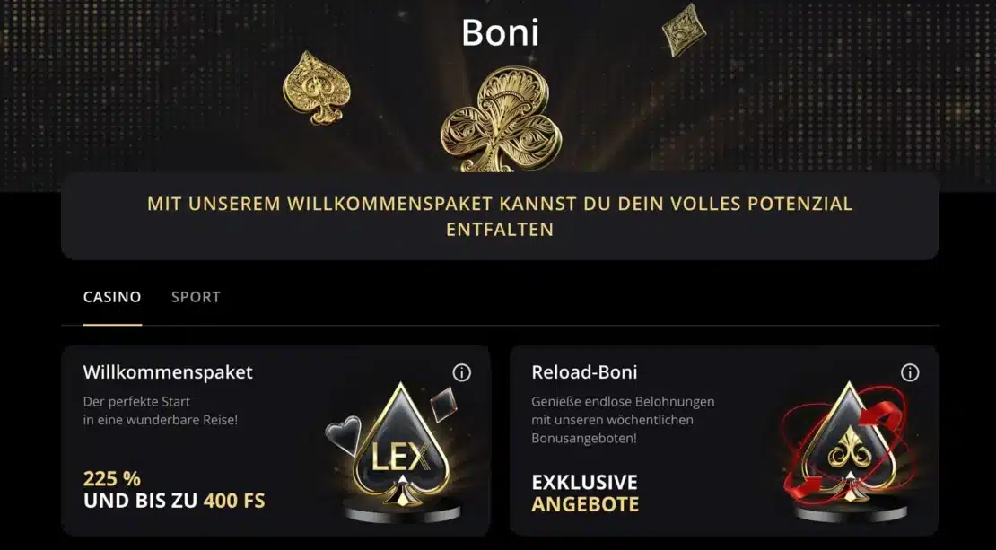 LEX Casino Willkommensbonus und Freispiele