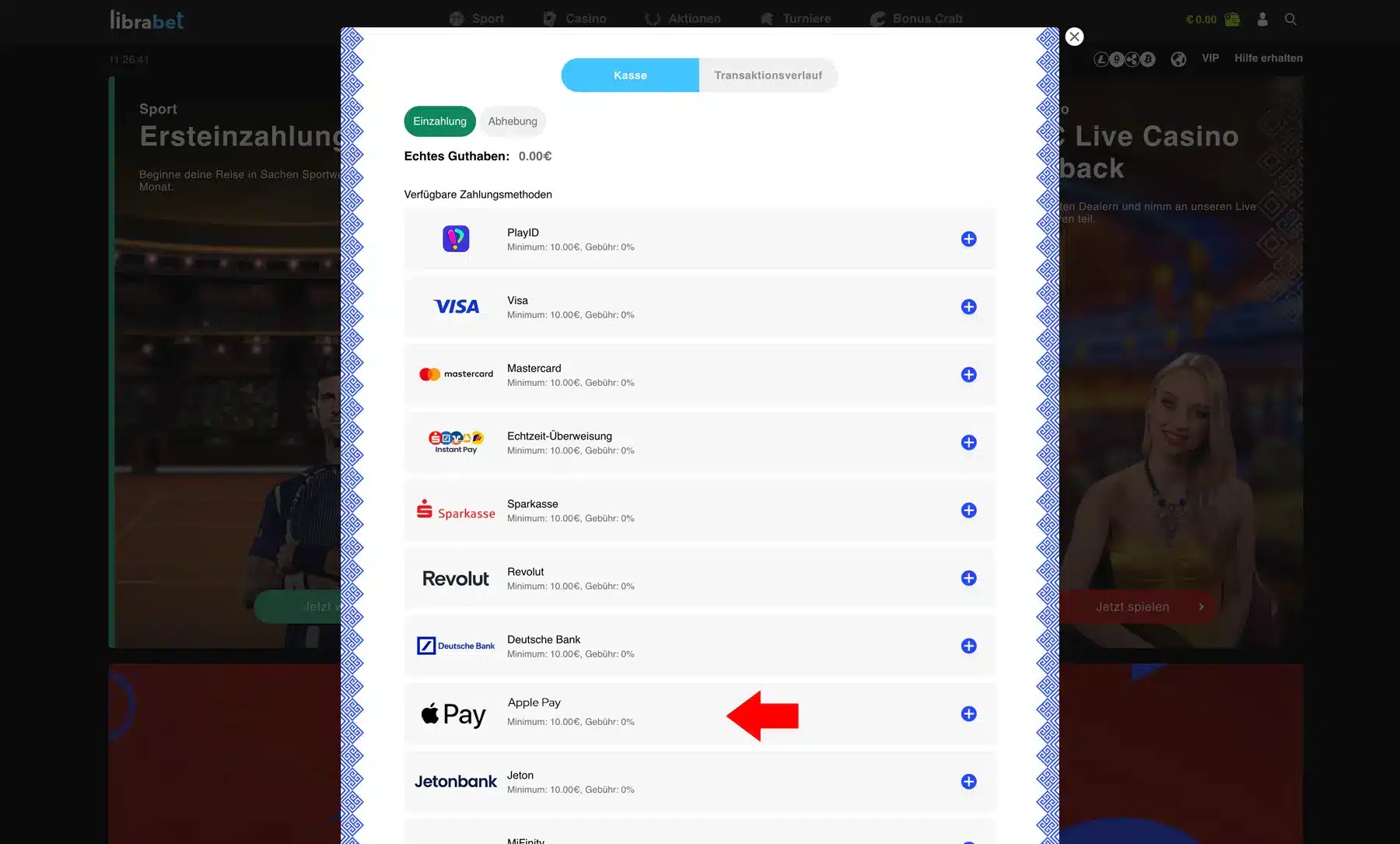 Zahlungsmethode ApplaPay bei Librabet