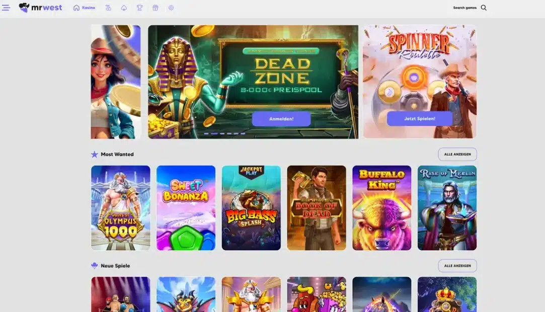Startseite vom Online Casino Mr West