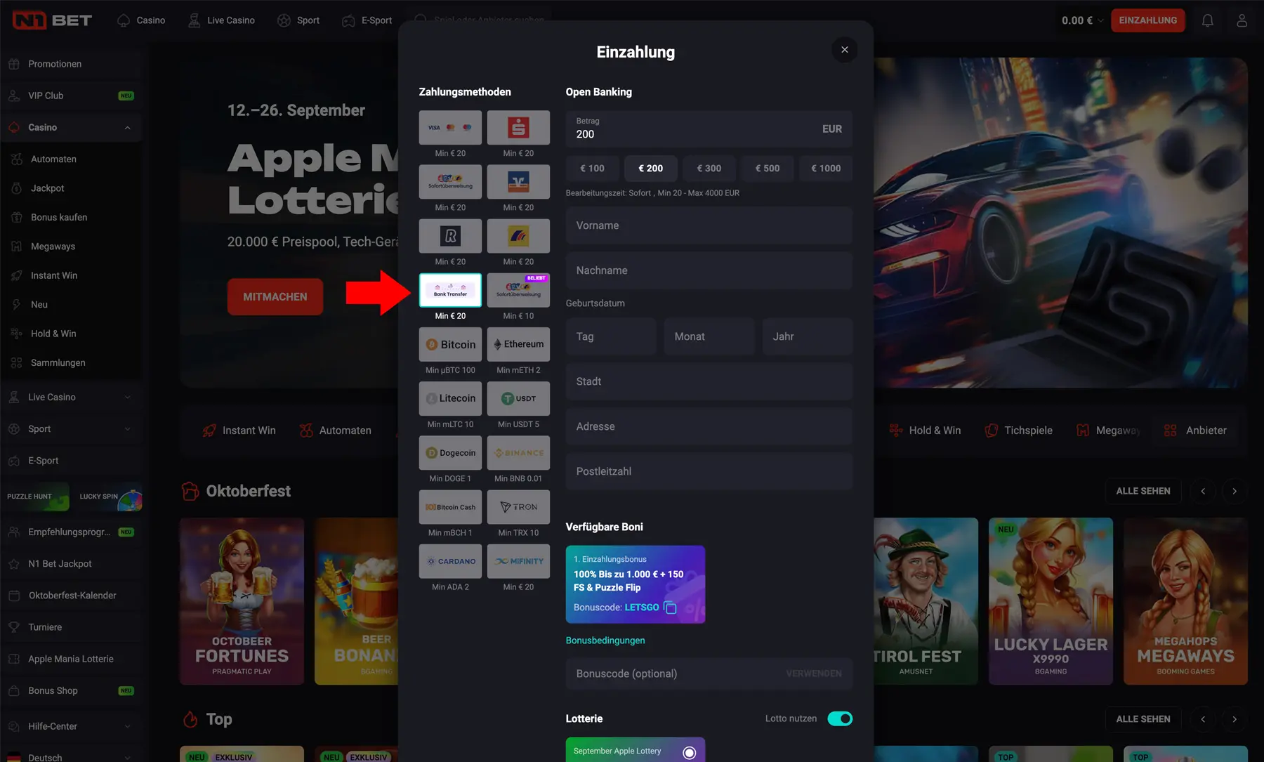 Einzahlung mit Banküberweisung mit N1bet
