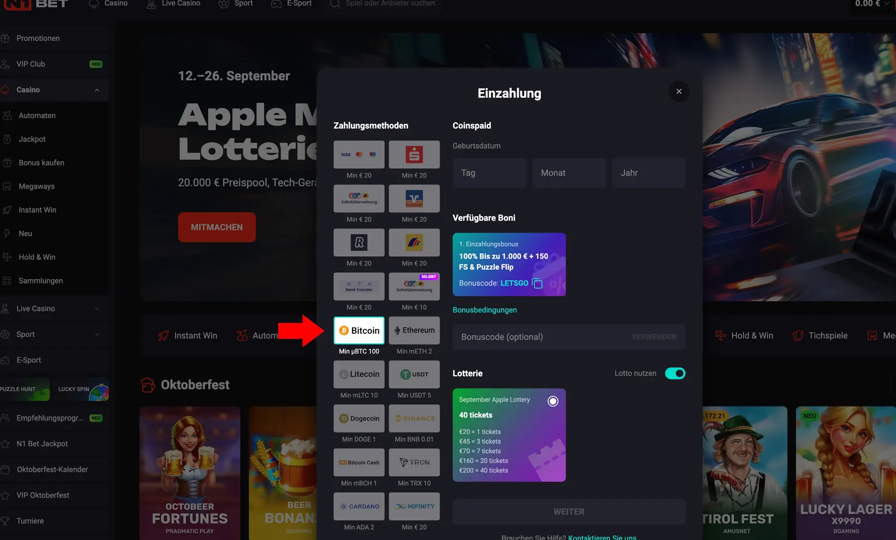Einzahlungsoption BitCoin bei N1bet