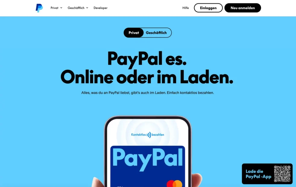 Screenshot der Paypal Startseite von paypal.com