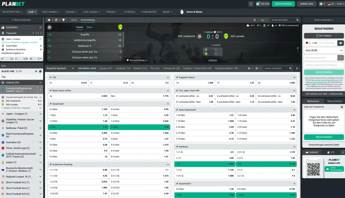 Ansicht der Livewetten bei Planbet