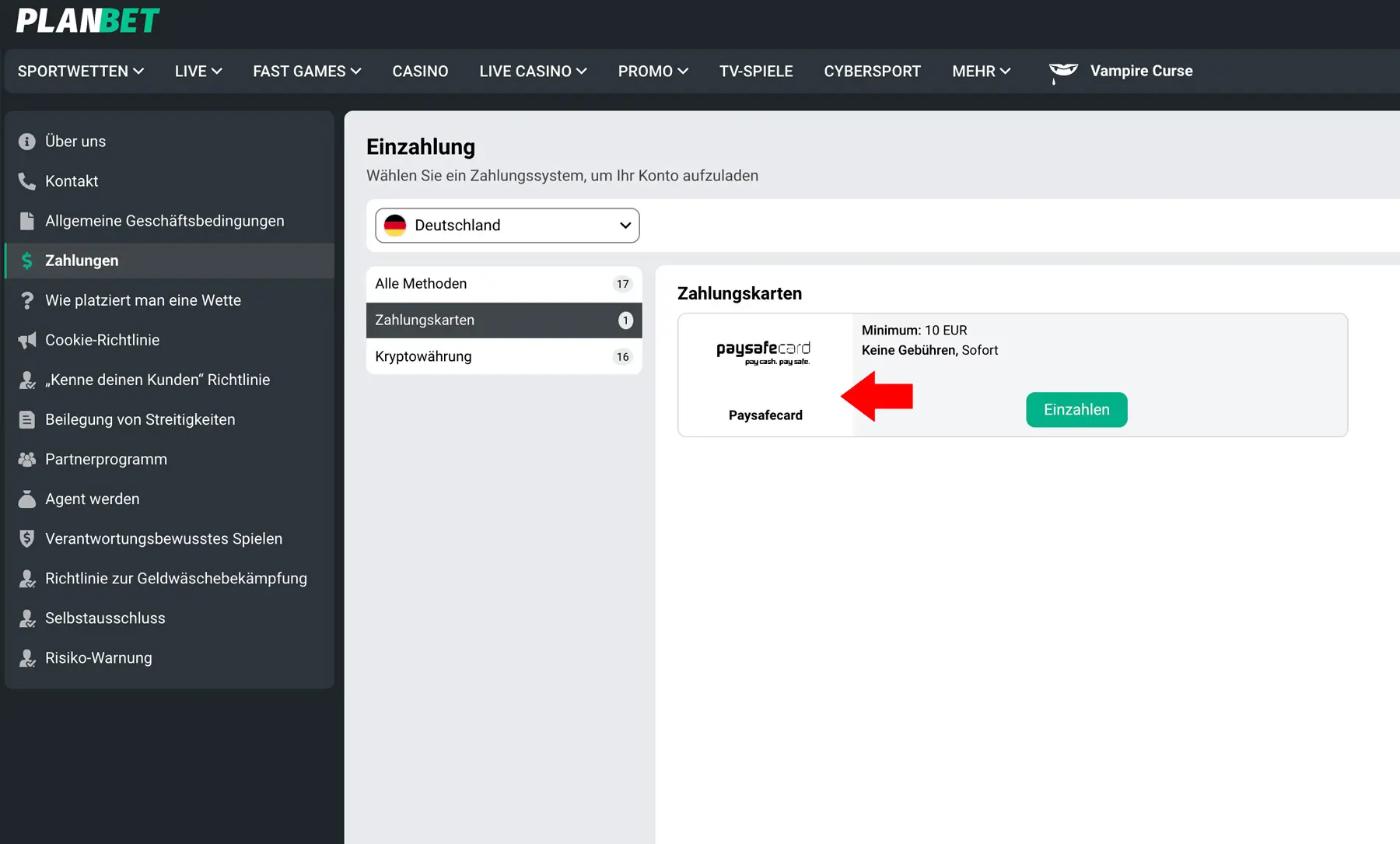 Einzahlung mit der Paysafecard bei Planbet