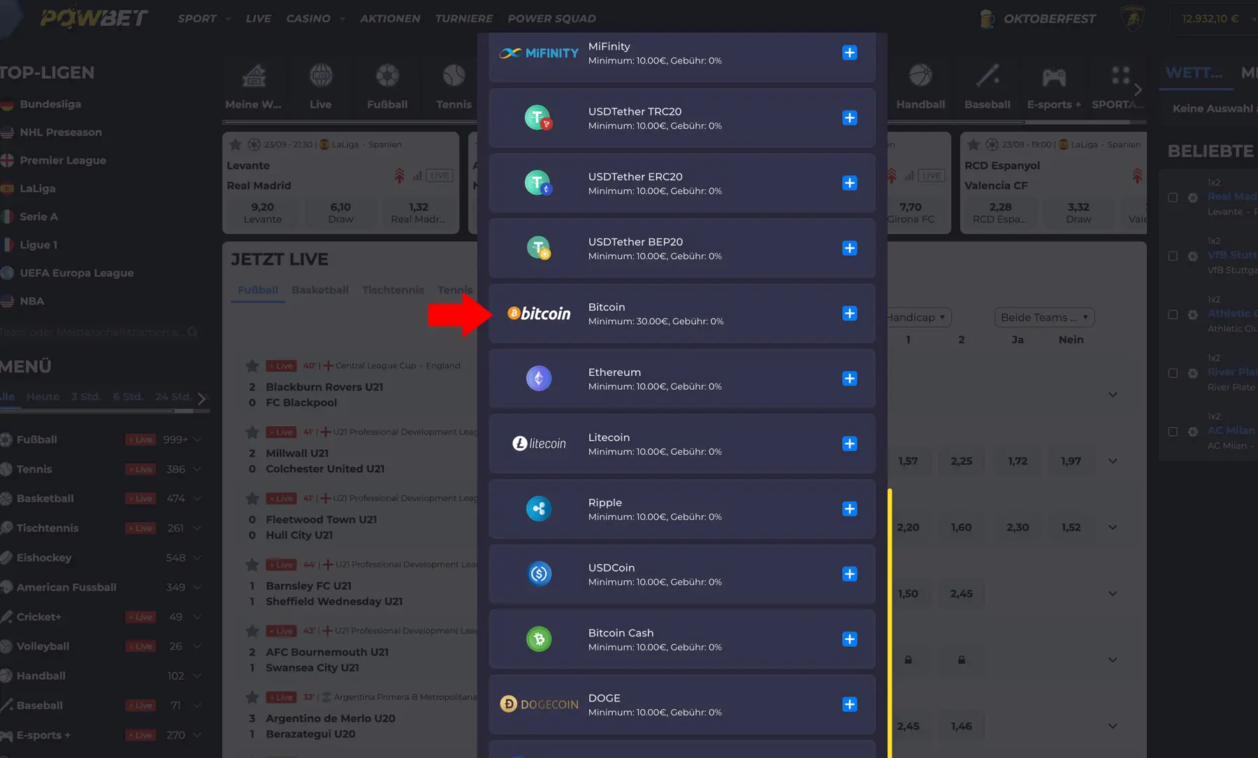 Einzahlungsmethode BitCoin bei Powbet