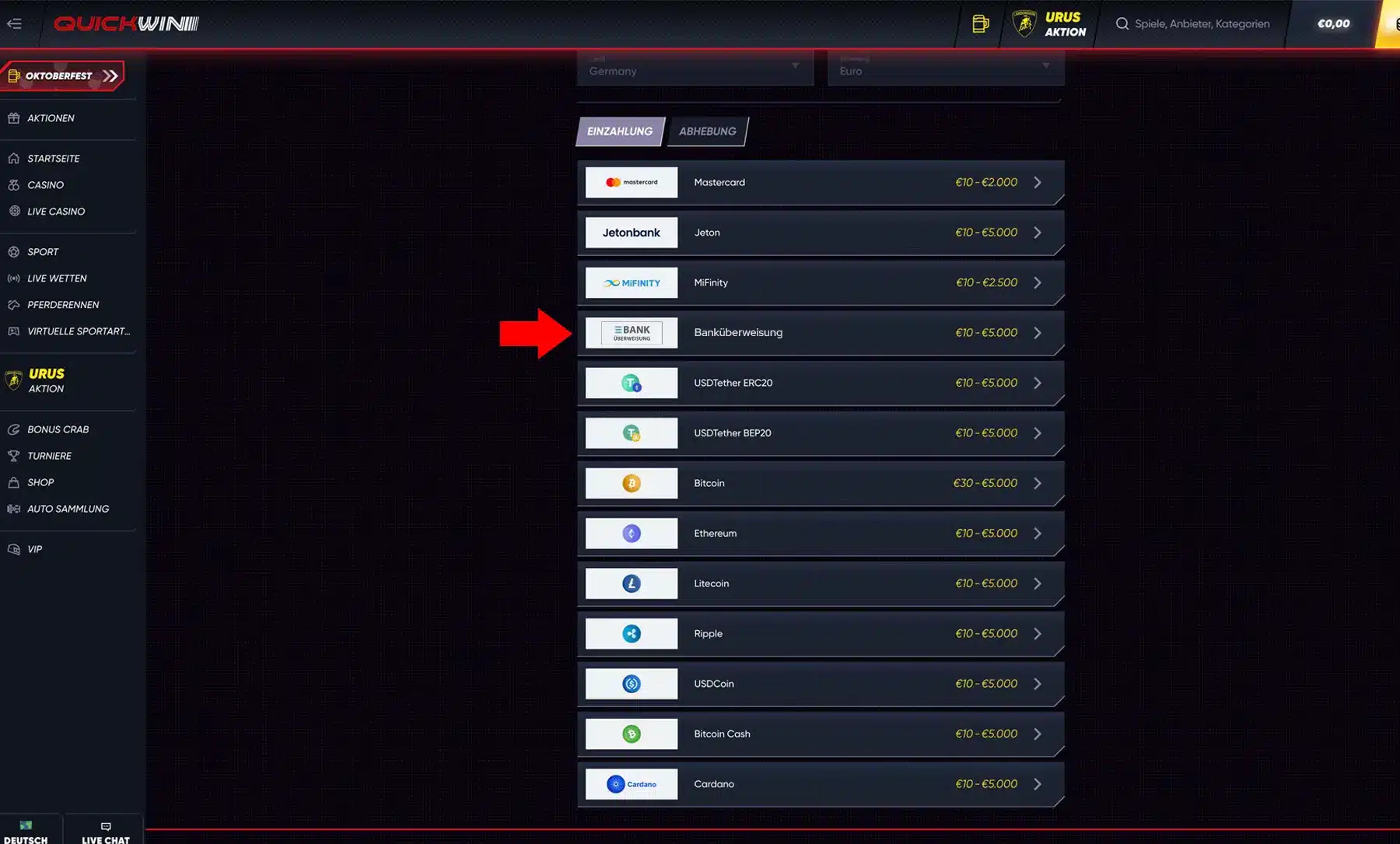 QuickWin Zahlungsmethode Bank