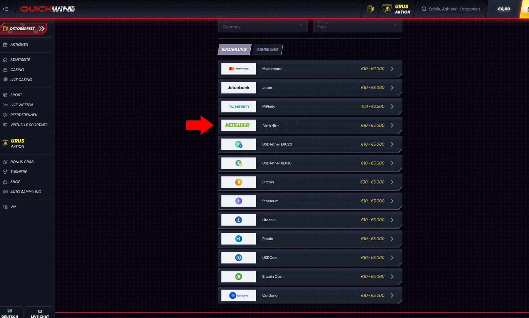 QuickWin Einzahlung Neteller