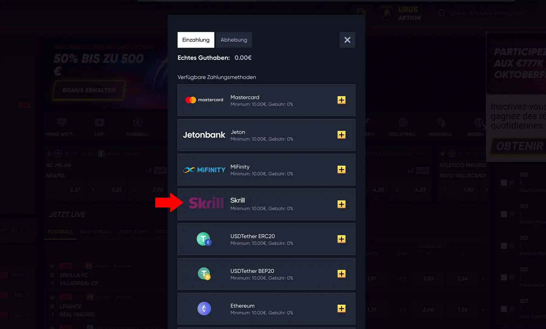 QuickWin Einzahlung mit Skrill