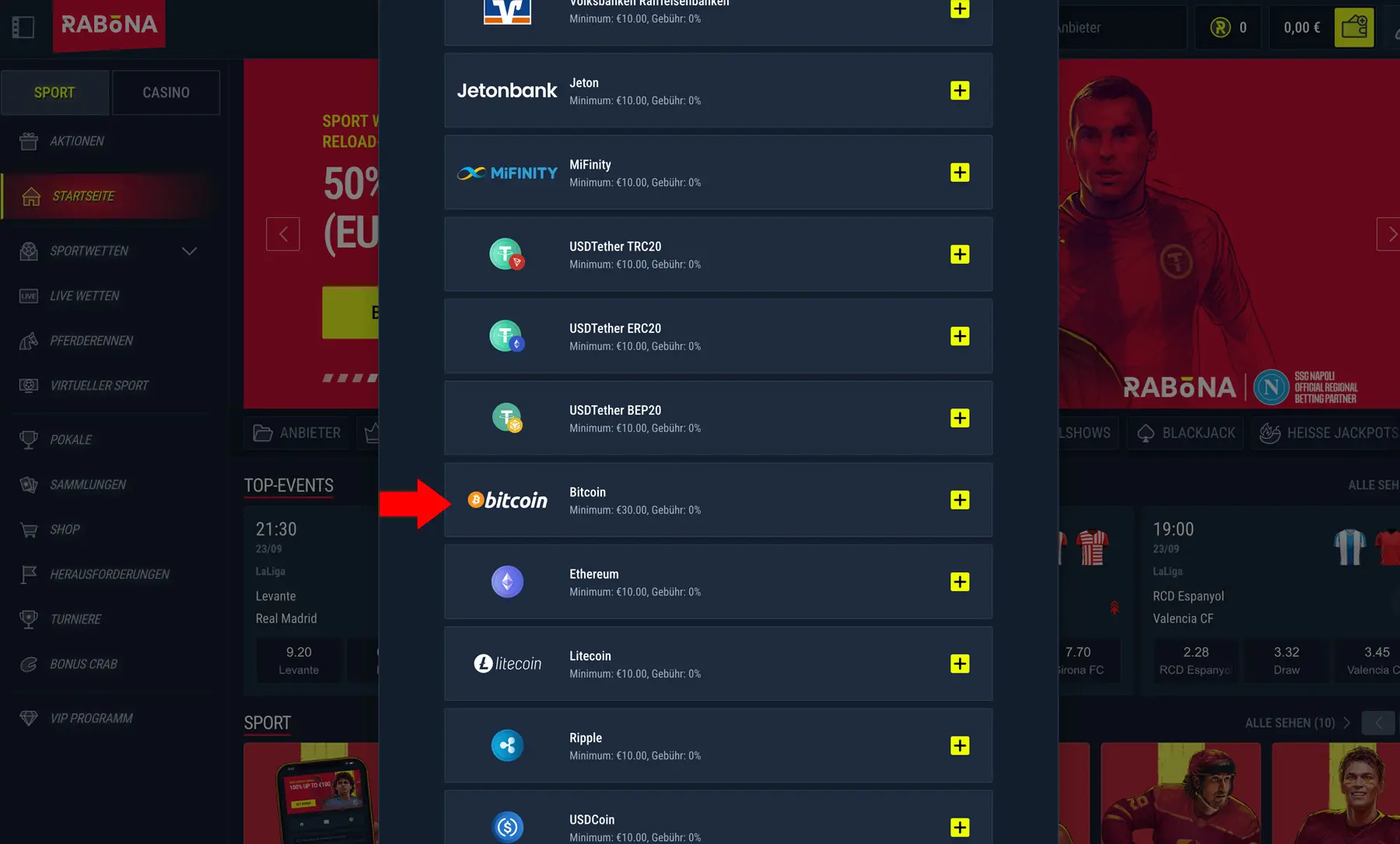 Einzahlungsmöglichkeit BitCoin bei Rabona