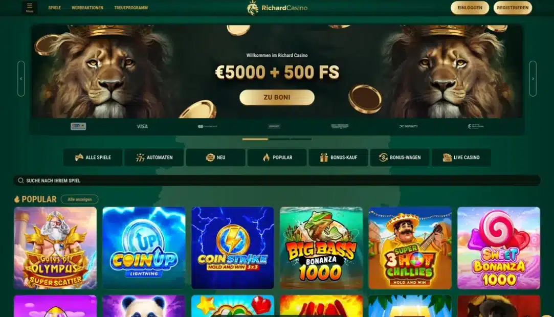 Startseite des Online Casinos Richard