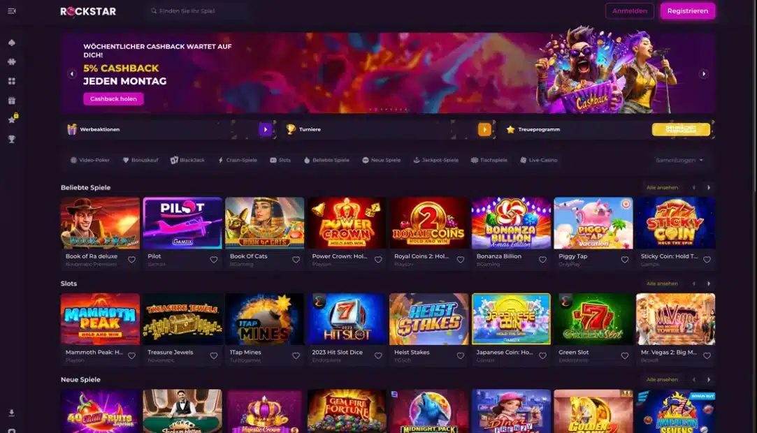 Startseite vom Online Casino Rockstar