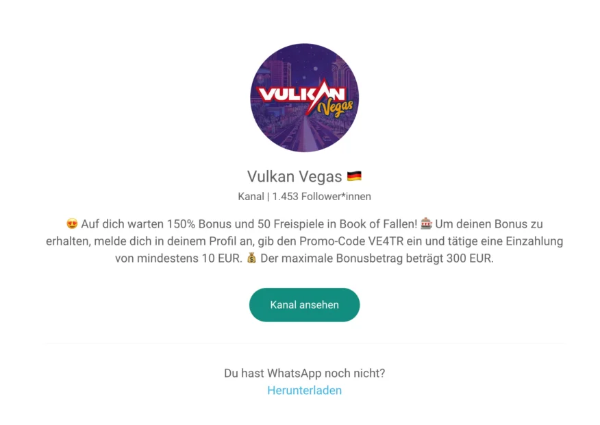 Screenshot vom CTA für den WhatsApp Kanal von Vulkan