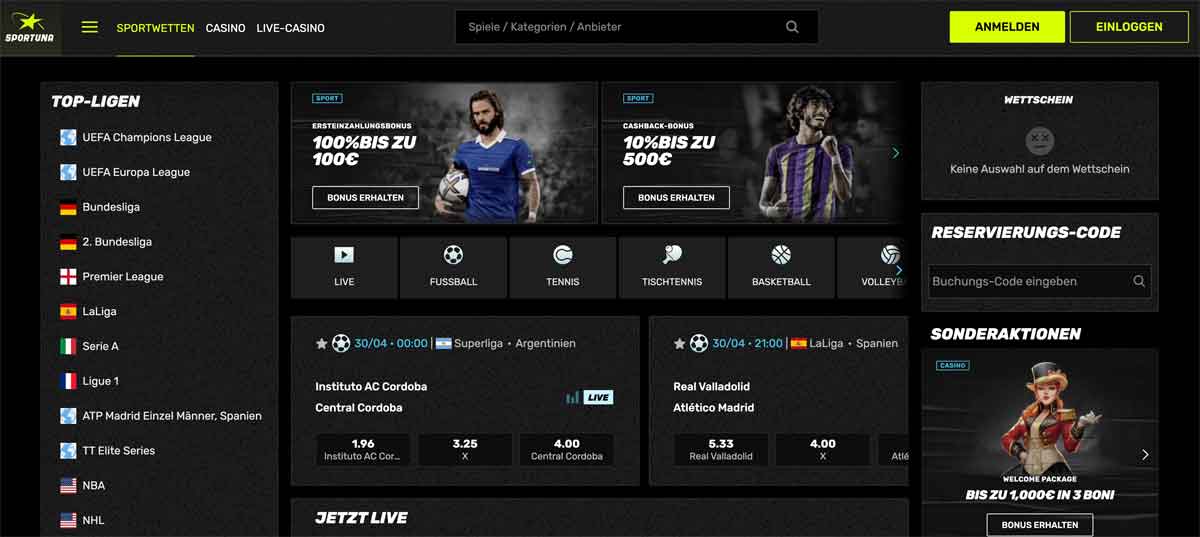 Screenshot von der Startseite www.sportuna.com
