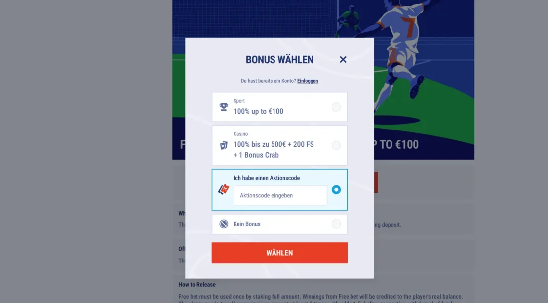 Feld wo man den Aktionscode einlösen kann