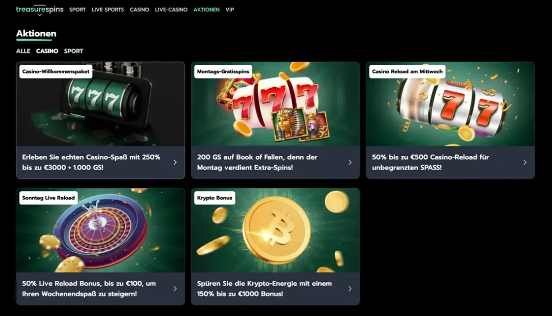 TreasureSpins Willkommensbonus und Freispiele