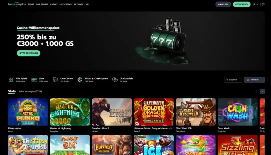 Startseite vom Online Casino TreasureSpins