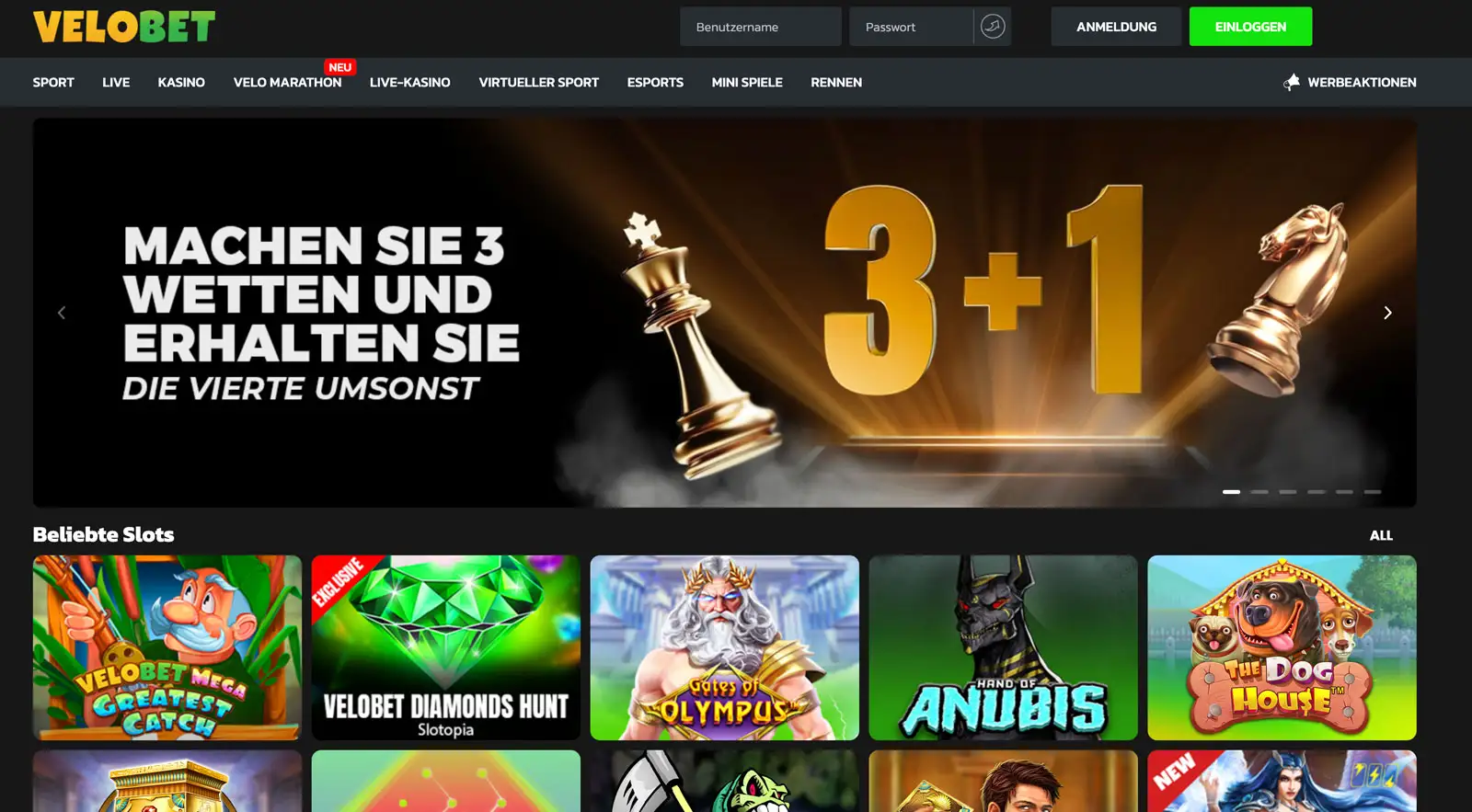 Startseite vom Wettanbieter Velobet