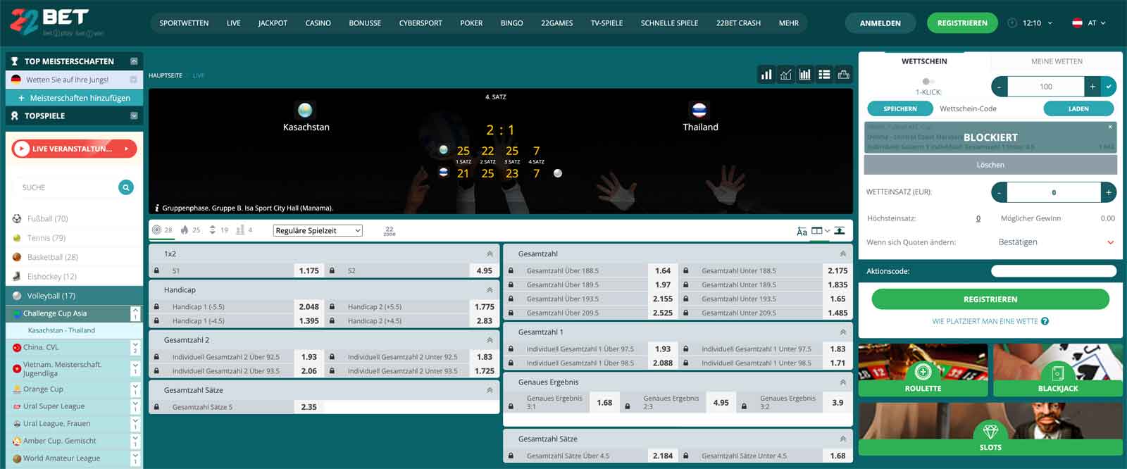 Livewetten auf Volleyball beim Buchmacher 22bet