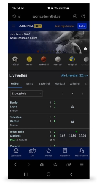 Startbildschirm admiralbet App