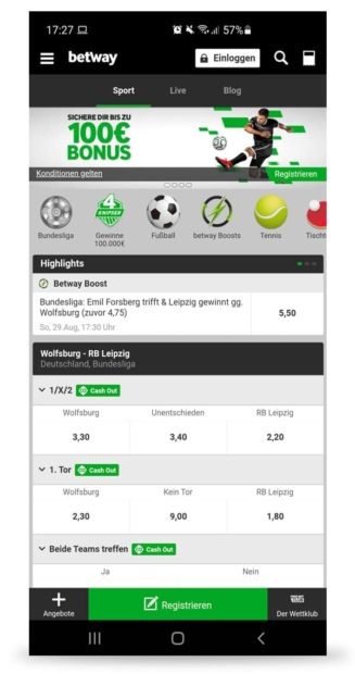 Startbildschirm Betway App