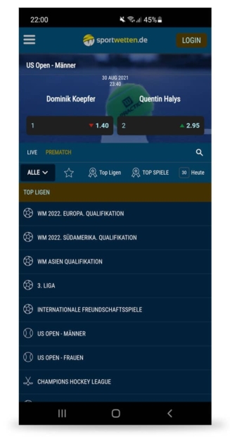 Startbildschirm Sportwetten.de App
